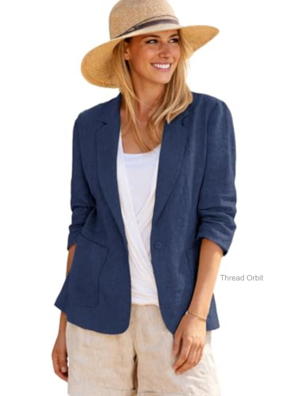 Linen Blend Lightweight Blazer Jacket 3/4 Ruched Sleeve Business Casual